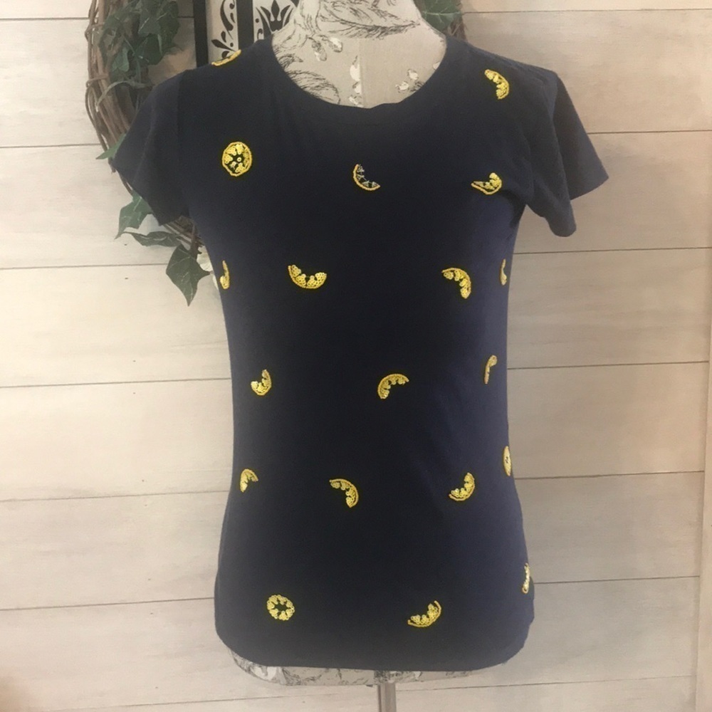 J Crew Navy Sequin Lemon Top XXS